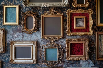 Sticker - opulent gallery wall with diverse baroque frames rich gold leaf details ornate scrollwork empty frames creating intriguing negative space textured antique wallpaper background