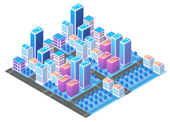 Modern isometric city center with skyscrapers, roads and trees