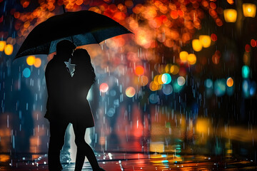 Poster - Love in the rain. Silhouette of a couple under an umbrella. 