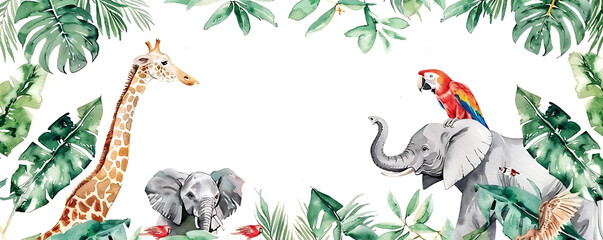 Naklejka na meble Jungle watercolor with frame with animals elephant, monkey and cockatoo, parrot and giraffe border background.