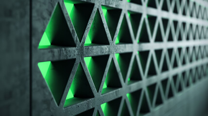 Poster - Cement wall with geometric patterns highlighted by neon green light dark background contemporary design 