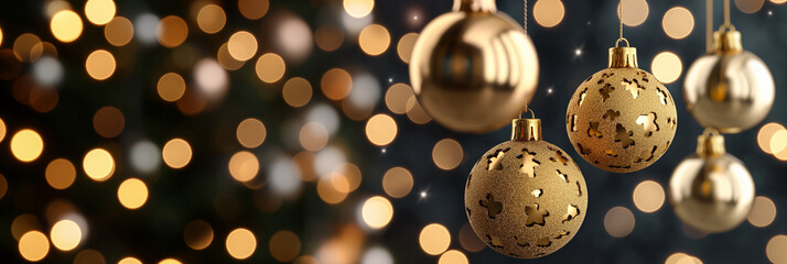 Poster - Golden Christmas balls with intricate designs hanging out of focus background with warm lights 