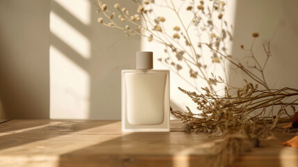 Wall Mural - mock up of a square white perfume bottle, on a minimalist beige wooden table, Ai generated Images