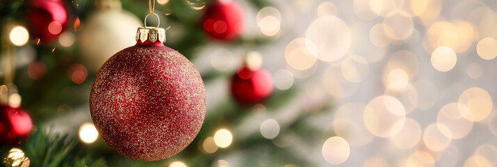 Poster - Red and gold Christmas balls hanging from a tree branch out of focus background with twinkling lights festive and warm 