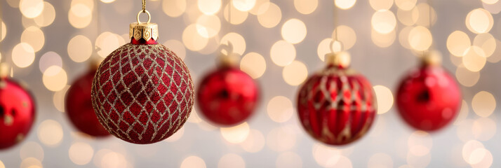 Poster - Shiny red Christmas balls hanging blurred background with golden bokeh lights classic holiday feel 