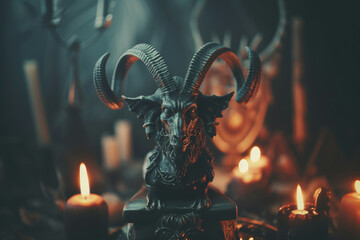 Baphomet statue surrounded by glowing candles in dark creating atmosphere of ritualistic reverence and mystical intrigue, representing esoteric allure with occult practices