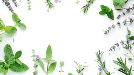 Wall Mural - Rosemary, mint, lavender, marjoram, sage, lemon balm and thyme layout. Creative frame with fresh herbs on white background. Top view, flat lay. Healthy eating and alternative medicine concept