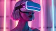© Joel - Young girl model with short white hairs wearing a VR visor viewer, purple led lights on the VR and on the wall behind her