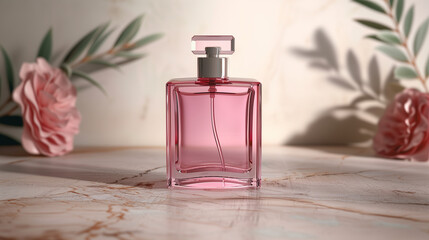 Wall Mural - mock up of a square pink perfume bottle, on a minimalist beige wooden table, Ai generated Images