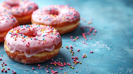   A picture of doughnuts in pink frosting and blue sprinkles on a plate