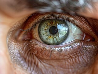 A close-up view of a person's green eye with details on the iris and pupil