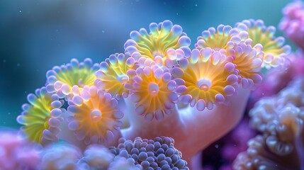 Wall Mural -   A close-up of a sea anemone adorned with yellow and white flowers against a blue backdrop