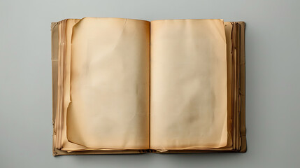 Opened a book with old antique parchment pages. Top front view of ancient fancy vintage decorative spell book. AI generated