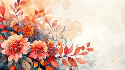 Watercolor painting of autumn floral bouquet with orange and red flowers and leaves.