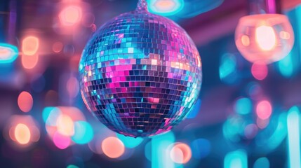 Wall Mural - Colorful reflective disco ball on club ceiling with glowing lights Nightlife ambiance with space for text