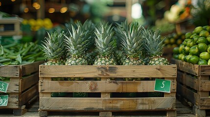 Wall Mural -   Pineapples sit on wooden crate alongside green apple crates