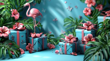 Wall Mural -   A pink flamingo stands on a pile of presents against a blue backdrop with pink flowers