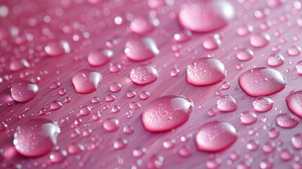   A pink surface reflects water droplets in a close-up shot