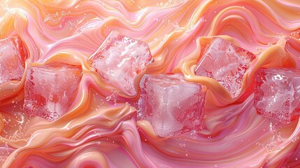 Wall Mural -   Ice Cubes on Pink and Yellow Liquid Swirl Surface