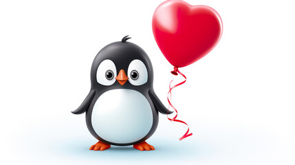 Wall Mural - Adorable penguin on an isolated white background clutching a red heart-shaped balloon