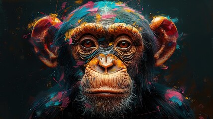 Wall Mural -   A colorful monkey portrait with splattered paint on its face and eyes