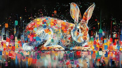 Wall Mural -   A painting of a rabbit in front of a cityscape with vibrant paint splatters