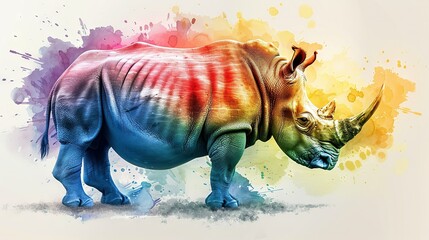 Wall Mural -   Rhinoceros in colorful paint splatter background with watercolor splashes