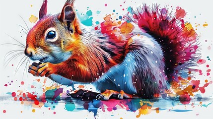 Wall Mural -   A vibrant squirrel portrait with splattered paint on its face and tail, perched elegantly on hind legs