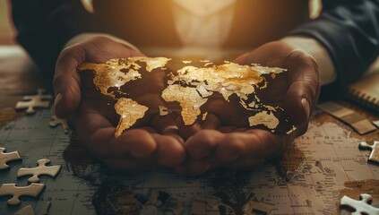 Wall Mural - businessman holding a hologram of a world map. global business, data network and virtual connection 