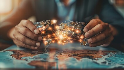 Wall Mural - businessman with a world map. global business, data network and virtual connection concept.