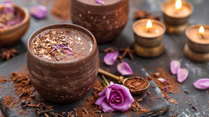 two full cups of rich, dark chocolate drink topped with cocoa powder and rose buds on a wooden surfa