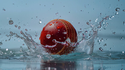 Wall Mural - Red cricket ball splashing in all its glory in water, creating a translucent crown . Sporting shot of a red cricket ball in a water splash against blue / gray background.