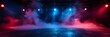 © artemstepanov - Empty dark stage, neon spotlights, smoke texture background, fog stage interior, showroom