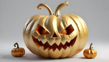 Wall Mural - Evil halloween golden smiling  pumpkins on light background