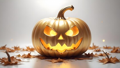 Wall Mural - Evil halloween golden smiling  pumpkins on light background