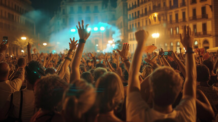 La Mercè Festival, music concert in Barcelona's main plaza with cheering crowd, Ai generated Images