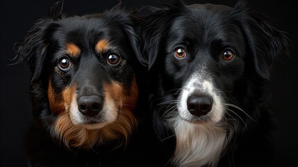 dramatic portrait of two dogs with contrasting fur colors intense gaze directed at camera dark background creating striking silhouettes emphasis on friendship and loyalty