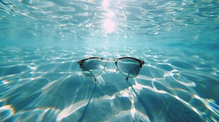 Floating Sunglasses on Water: A pair of stylish sunglasses floating on the surface of a clear swimming pool, with ripples and reflections.
