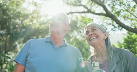 Sticker - Senior couple, walk and point in park with yoga mat, search and low angle with smile for direction in summer. Retirement, man and woman with check path to class, water bottle and summer in Australia