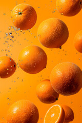 Poster - oranges falling with water on orange background