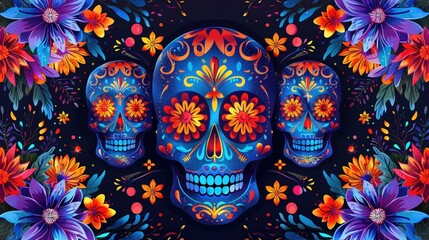 Vibrant Day of the Dead Sugar Skulls with Colorful Floral Patterns on Dark Background