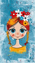 Whimsical illustrated young girl with colorful floral headband on textured background