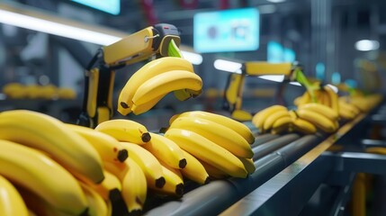 Wall Mural - robotic arms efficiently sorting ripe bananas on a hightech conveyor belt futuristic factory setting with holographic quality control displays and soft ambient lighting