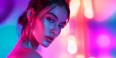 Portrait of a young beautiful woman illuminated by vibrant neon colors reflecting off her face, energetic and glamorous disco style of the 1980s.