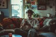 © markusmiller - Young man deeply focused on smartphone activities at home, capturing slice digital life
