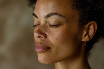 Wall Mural - serene profile of meditation instructor eyes closed peaceful expression soft natural lighting minimalist zeninspired background