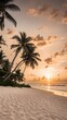 © Dafit - The view of sunset on a beautiful beach with white sand coloured by two waving coconut trees.