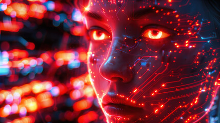 A woman's face is covered in glowing red lights, giving the impression of a futuristic,