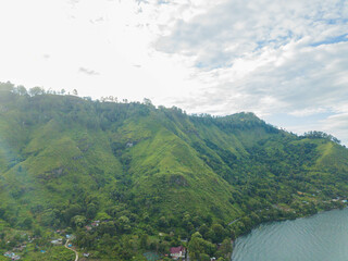 Drone view of green plantation area at Haranggaol in Simalungun, Sumatra Utara, Indonesia