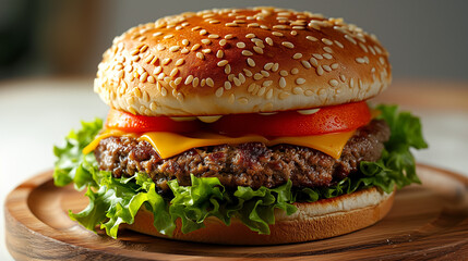 hamburger on a wooden  plate